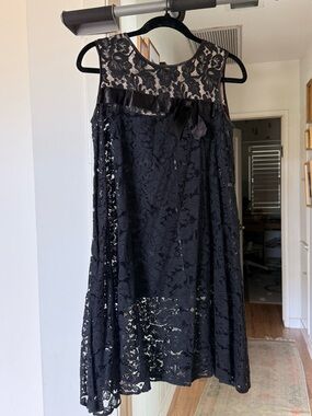 Vintage Black Lace A-Line Dress with Bow Trim